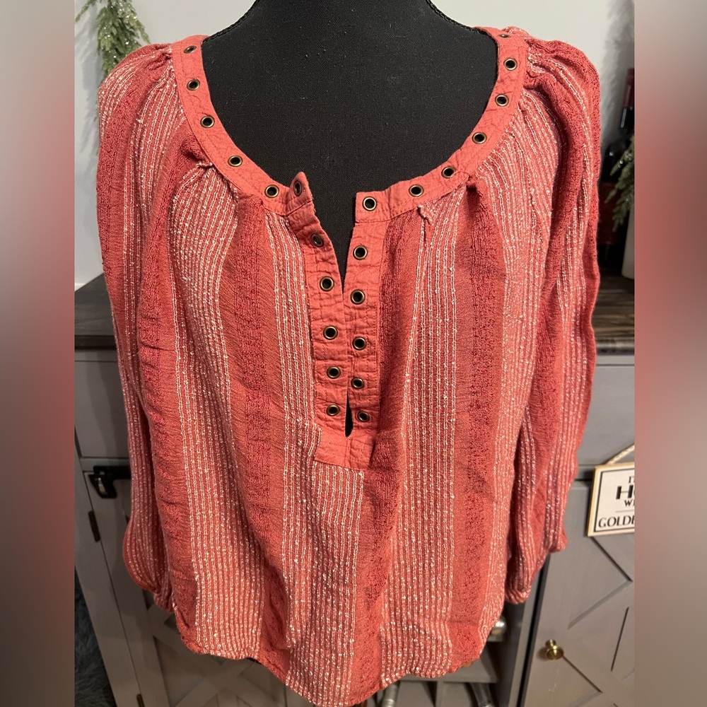 Free People Orange Long Sleeve Buttoned Blouse